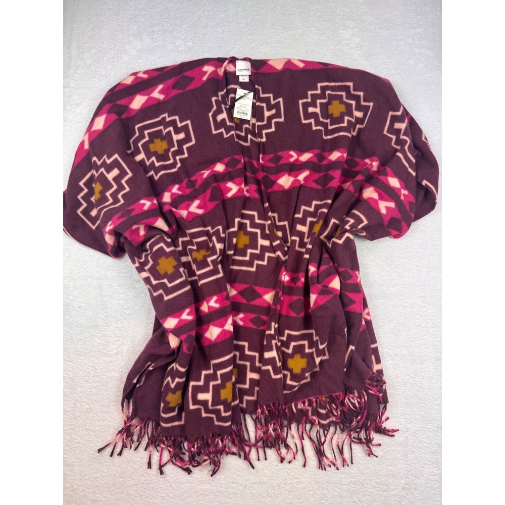 Sonoma Goods For Life Burgundy Geometric Southwestern Fringe Wrap Poncho NWT O/S
